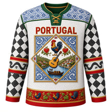 Load image into Gallery viewer, Portugal Original Hockey Jersey in Calcada White, front view – azulejo tile yoke and Barcelos rooster tile-panel crest with ornate detailed artwork, custom name and number