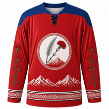 Load image into Gallery viewer, Prešeren Day Original Hockey Jersey in Carnation Red, front view with themed artwork and clean crest