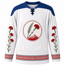 Load image into Gallery viewer, Prešeren Day Original Hockey Jersey in Snow White, front view with themed artwork and clean crest