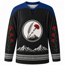 Load image into Gallery viewer, Prešeren Day Original Hockey Jersey in Ink Black, front view with themed artwork and clean crest
