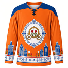 Load image into Gallery viewer, Prinsjesdag Original Hockey Jersey in Oranje, front view with themed artwork and clean crest
