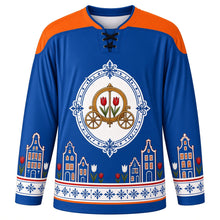 Load image into Gallery viewer, Prinsjesdag Original Hockey Jersey in Delft Blue, front view with themed artwork and clean crest