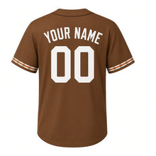 Load image into Gallery viewer, Pumpkin Patch Milwaukee Baseball Jersey in Harvest Brown, back view with your name and number – custom block name and number with plaid-stripe sleeves