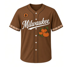 Load image into Gallery viewer, Pumpkin Patch Milwaukee Baseball Jersey in Harvest Brown, front view – three pumpkins with vines graphic and autumn-leaf crest, custom name and number