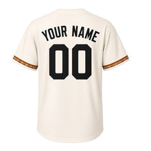 Load image into Gallery viewer, Pumpkin Patch Milwaukee Baseball Jersey in Hay Bale Cream, back view with your name and number – custom block name and number with plaid-stripe sleeves