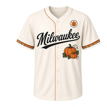 Load image into Gallery viewer, Pumpkin Patch Milwaukee Baseball Jersey in Hay Bale Cream, front view – three pumpkins with vines graphic and autumn-leaf crest, custom name and number