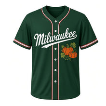 Load image into Gallery viewer, Pumpkin Patch Milwaukee Baseball Jersey in Vine Green, front view – three pumpkins with vines graphic and autumn-leaf crest, custom name and number