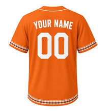 Load image into Gallery viewer, Pumpkin Patch Milwaukee Baseball Jersey in Pumpkin Orange, back view with your name and number – custom block name and number with plaid-stripe sleeves