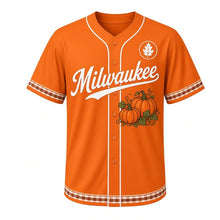 Load image into Gallery viewer, Pumpkin Patch Milwaukee Baseball Jersey in Pumpkin Orange, front view – three pumpkins with vines graphic and autumn-leaf crest, custom name and number