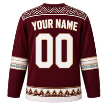 Load image into Gallery viewer, Qatar Original Hockey Jersey in Dhow Burgundy, back view with your name and number – Al Sadu weave yoke and dhow-and-pearl sleeve bands