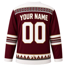 Load image into Gallery viewer, Qatar Original Hockey Jersey in Sadu Maroon, back view with your name and number – Al Sadu weave yoke and dhow-and-pearl sleeve bands