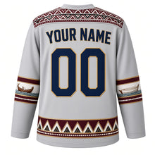 Load image into Gallery viewer, Qatar Original Hockey Jersey in Falcon Silver, back view with your name and number – Al Sadu weave yoke and dhow-and-pearl sleeve bands