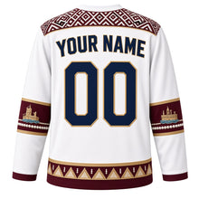 Load image into Gallery viewer, Qatar Original Hockey Jersey in Pearl White, back view with your name and number – Al Sadu weave yoke and dhow-and-pearl sleeve bands