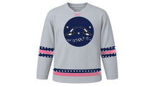 Load image into Gallery viewer, Qixi Festival Original Hockey Jersey in Silver Gray, front view – magpie bridge over the starry river crest – custom name and number