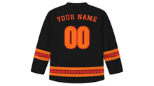 Load image into Gallery viewer, Quema del Diablo Original Hockey Jersey in Black, back view with your name and number