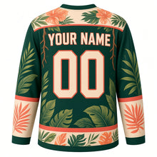 Load image into Gallery viewer, Rainforest Toucan Original Hockey Jersey in Canopy Green, back view with your name and number – tropical-leaf yoke and leaf-vein sleeve stripes