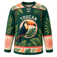 Load image into Gallery viewer, Rainforest Toucan Original Hockey Jersey in Canopy Green, front view – bright toucan perched among tropical rainforest leaves with toucan crest, custom name and number