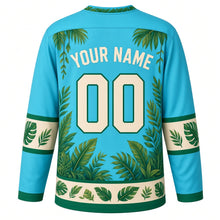 Load image into Gallery viewer, Rainforest Toucan Original Hockey Jersey in Tropical Lagoon, back view with your name and number – tropical-leaf yoke and leaf-vein sleeve stripes