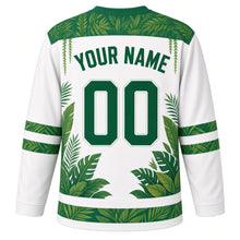 Load image into Gallery viewer, Rainforest Toucan Original Hockey Jersey in Rain Mist White, back view with your name and number – tropical-leaf yoke and leaf-vein sleeve stripes
