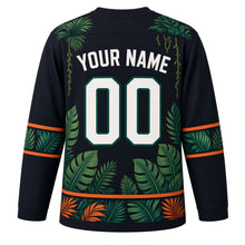 Load image into Gallery viewer, Rainforest Toucan Original Hockey Jersey in Rainforest Night, back view with your name and number – tropical-leaf yoke and leaf-vein sleeve stripes