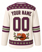 Load image into Gallery viewer, Red Panda Treetop Original Hockey Jersey in Snow Cream, back view with your name and number – maple-leaf yoke and ringed-tail sleeve bands