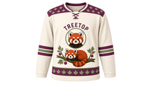 Load image into Gallery viewer, Red Panda Treetop Original Hockey Jersey in Snow Cream, front view – red panda curled on a mossy branch with maple leaves and red panda crest, custom name and number