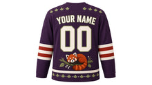 Load image into Gallery viewer, Red Panda Treetop Original Hockey Jersey in Twilight Plum, back view with your name and number – maple-leaf yoke and ringed-tail sleeve bands