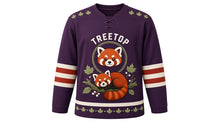 Load image into Gallery viewer, Red Panda Treetop Original Hockey Jersey in Twilight Plum, front view – red panda curled on a mossy branch with maple leaves and red panda crest, custom name and number