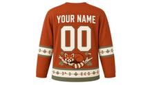 Load image into Gallery viewer, Red Panda Treetop Original Hockey Jersey in Maple Rust, back view with your name and number – maple-leaf yoke and ringed-tail sleeve bands