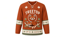 Load image into Gallery viewer, Red Panda Treetop Original Hockey Jersey in Maple Rust, front view – red panda curled on a mossy branch with maple leaves and red panda crest, custom name and number