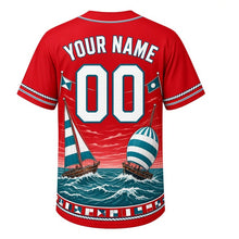 Load image into Gallery viewer, Regatta Sails Milwaukee Baseball Jersey in Signal Red, back view with your name and number – rope-knot and flag patterned sleeves