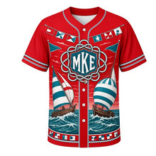 Load image into Gallery viewer, Regatta Sails Milwaukee Baseball Jersey in Signal Red, front view – racing sailboats, spinnakers and signal flags art, custom name and number