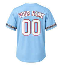 Load image into Gallery viewer, Regatta Sails Milwaukee Baseball Jersey in Harbor Sky Blue, back view with your name and number – rope-knot and flag patterned sleeves
