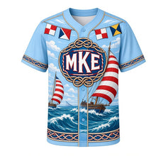 Load image into Gallery viewer, Regatta Sails Milwaukee Baseball Jersey in Harbor Sky Blue, front view – racing sailboats, spinnakers and signal flags art, custom name and number