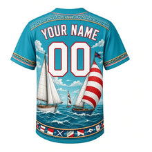 Load image into Gallery viewer, Regatta Sails Milwaukee Baseball Jersey in Lake Teal, back view with your name and number – rope-knot and flag patterned sleeves