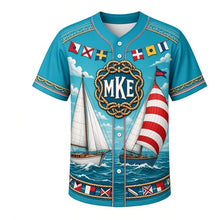 Load image into Gallery viewer, Regatta Sails Milwaukee Baseball Jersey in Lake Teal, front view – racing sailboats, spinnakers and signal flags art, custom name and number