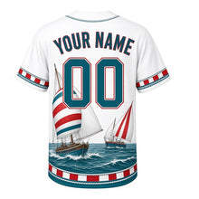 Load image into Gallery viewer, Regatta Sails Milwaukee Baseball Jersey in Spinnaker White, back view with your name and number – rope-knot and flag patterned sleeves