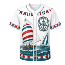 Load image into Gallery viewer, Regatta Sails Milwaukee Baseball Jersey in Spinnaker White, front view – racing sailboats, spinnakers and signal flags art, custom name and number