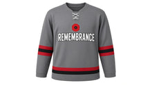 Load image into Gallery viewer, Remembrance Day Original Hockey Jersey in Gray, front view – custom name and number