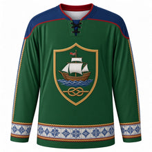 Load image into Gallery viewer, Restoration of Independence Day Original Hockey Jersey in Portuguese Green, front view with themed artwork and clean crest