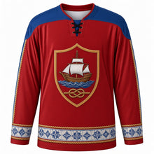 Load image into Gallery viewer, Restoration of Independence Day Original Hockey Jersey in Restoration Red, front view with themed artwork and clean crest