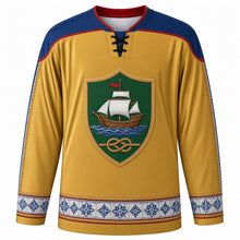 Load image into Gallery viewer, Restoration of Independence Day Original Hockey Jersey in Sovereign Gold, front view with themed artwork and clean crest