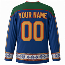 Load image into Gallery viewer, Restoration of Independence Day Original Hockey Jersey in Azulejo Blue, back view with custom YOUR NAME and 00