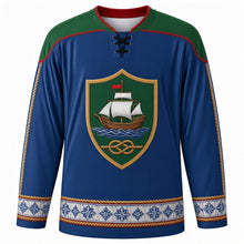 Load image into Gallery viewer, Restoration of Independence Day Original Hockey Jersey in Azulejo Blue, front view with themed artwork and clean crest
