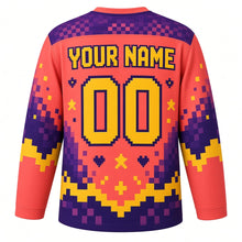 Load image into Gallery viewer, Retro Arcade Pixel Original Hockey Jersey in Retro Coral, back view with your name and number – pixel checker yoke and stepped pixel sleeve stripes