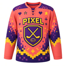 Load image into Gallery viewer, Retro Arcade Pixel Original Hockey Jersey in Retro Coral, front view – original 8-bit pixel puck, sticks and stars with pixel shield crest, custom name and number
