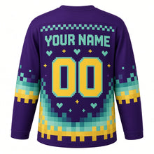 Load image into Gallery viewer, Retro Arcade Pixel Original Hockey Jersey in Neon Grape, back view with your name and number – pixel checker yoke and stepped pixel sleeve stripes