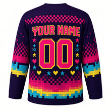 Load image into Gallery viewer, Retro Arcade Pixel Original Hockey Jersey in Midnight Pixel, back view with your name and number – pixel checker yoke and stepped pixel sleeve stripes