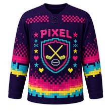 Load image into Gallery viewer, Retro Arcade Pixel Original Hockey Jersey in Midnight Pixel, front view – original 8-bit pixel puck, sticks and stars with pixel shield crest, custom name and number