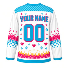 Load image into Gallery viewer, Retro Arcade Pixel Original Hockey Jersey in Pixel White, back view with your name and number – pixel checker yoke and stepped pixel sleeve stripes
